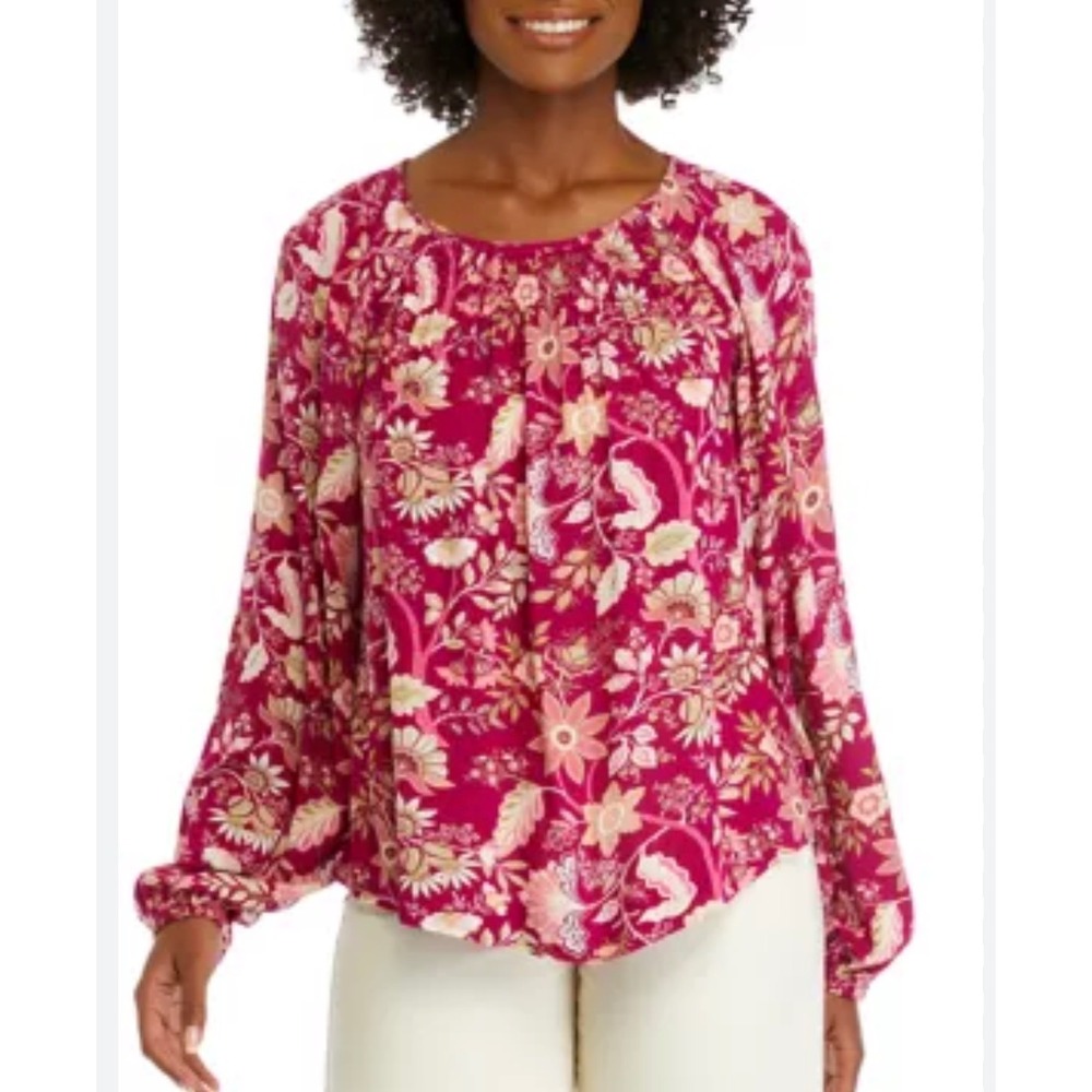 Wonderly Blouse Womens Small Magenta Floral Paisley Smocked Long Sleeve Rayon